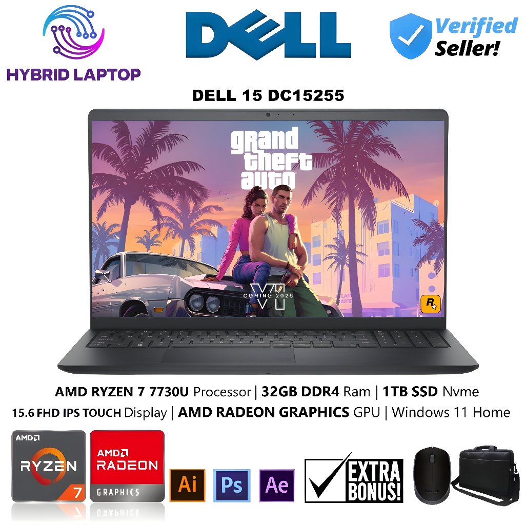 Laptop Touchscreen Gaming Dell 15 DC15255 AMD Ryzen 7 7730U 32GB 1TB 15inch 32GB 1TB Windows 11 Home