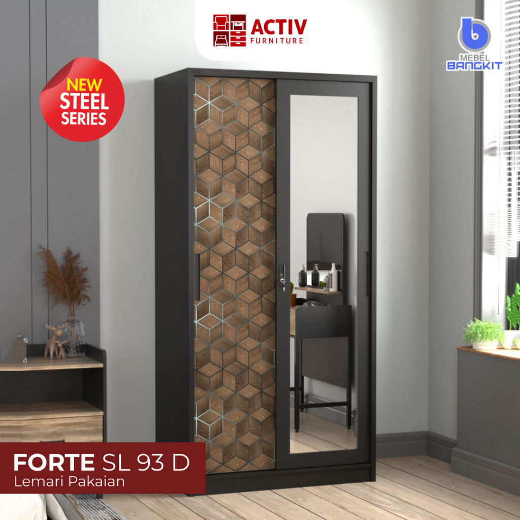 Lemari Sliding Besi Forte SL 93 D Black Hexagonal cermin Banyak rak custom lemari pakaian steel lema