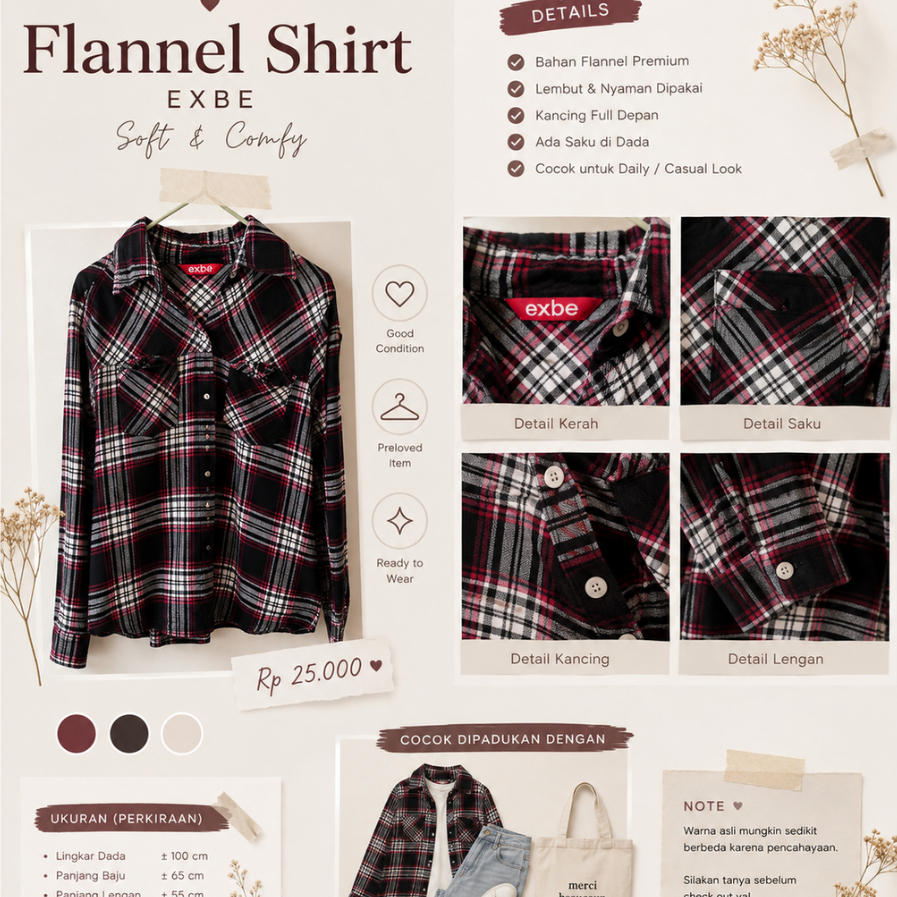 Kemeja Crop Flannel EXBE Soft & Comfy Preloved Item Kancing Full Depan Ada Saku di Ada