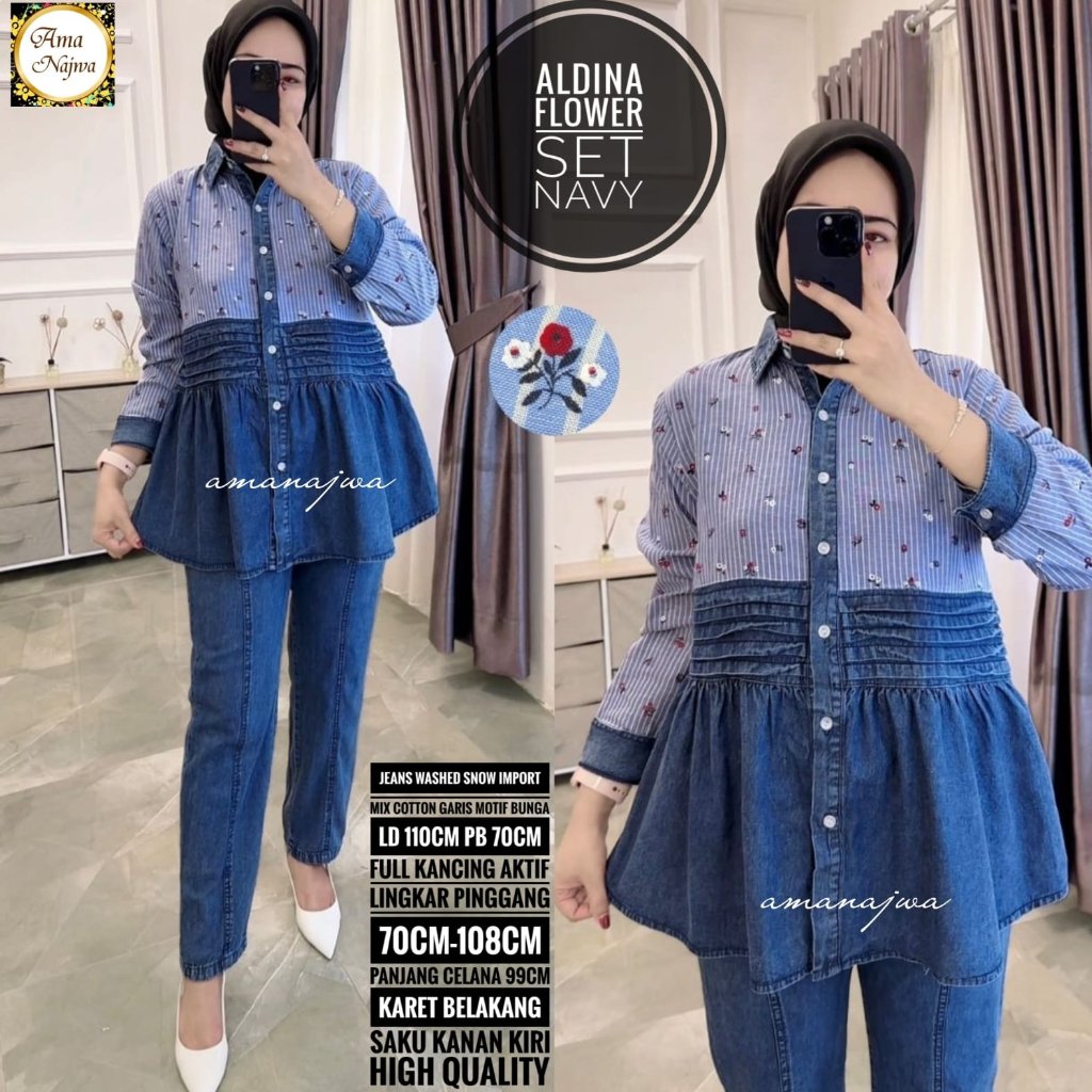 Aldina Flower Set 2in1 Kemeja Jeans Mix Cotton Bunga + Celana LP 70-108 Setelan Muslimah Import