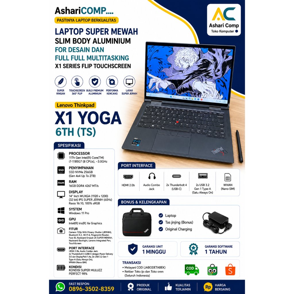 LAPTOP SUPER MEWAH X1 SERIES | Lenovo Thinkpad X1 Yoga 6th i7 Gen 11 16/256