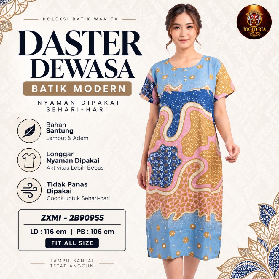 Daster Batik Wanita Dewasa Bahan Santung Adem Lengan Pendek Fit All Size Motif Modern - Ria Batik So