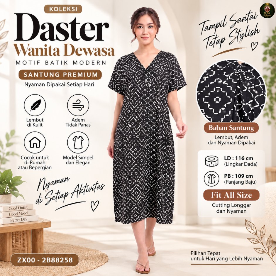 Daster Wanita Santung Motif Batik Modern Kerah V Longgar Adem Nyaman Fit All Size - Ria Kencana