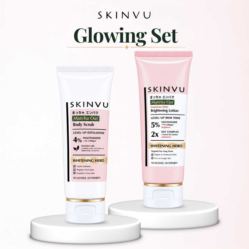 SKINVU Glowing Set Body Care - Whitening Body Lotion Booster Serum Infused + Body Scrub Exfoliator