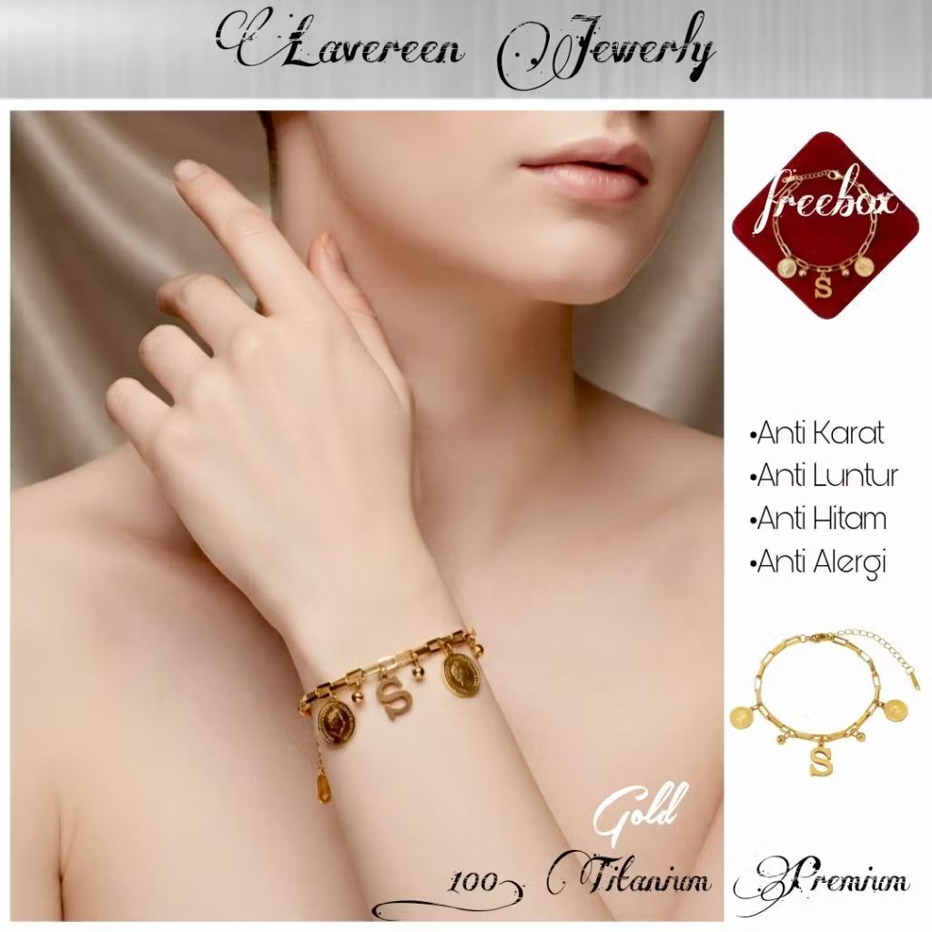 Gelang Tangan Koin Inisial Huruf "S" Elegan Lavereen Gold Wanita Titanium Premium - (Anti Karat Lunt