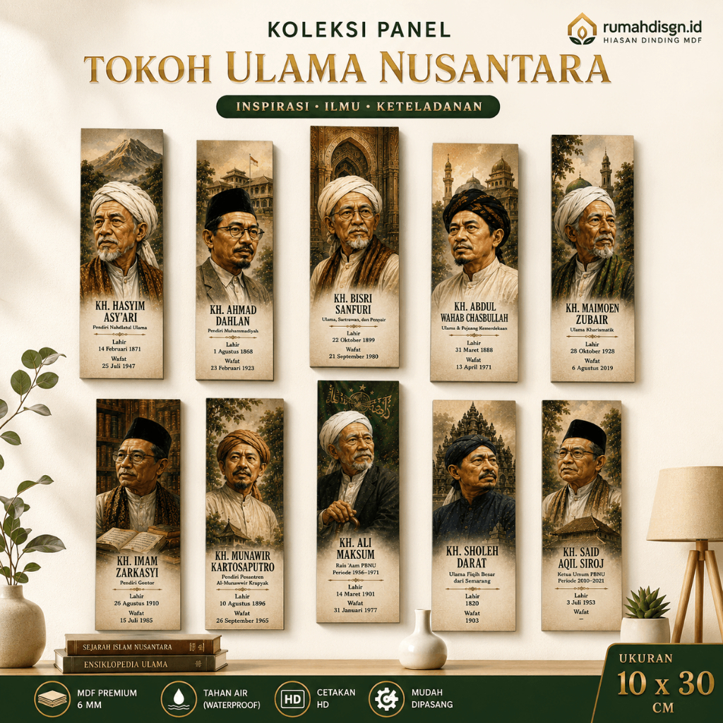 Hiasan Dinding Koleksi Tokoh Ulama Nusantara MDF Premium 6mm Ukuran 10x30cm Tahan Air HD Dekorasi Ru