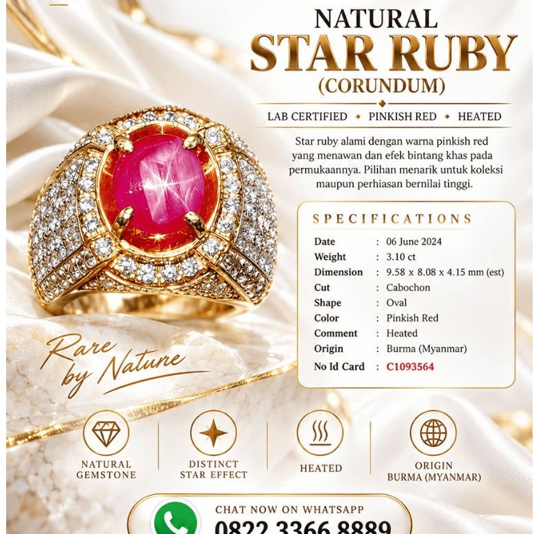Natural Ruby Star Burma 3,10 Carat Cincin Perak 925 Pria