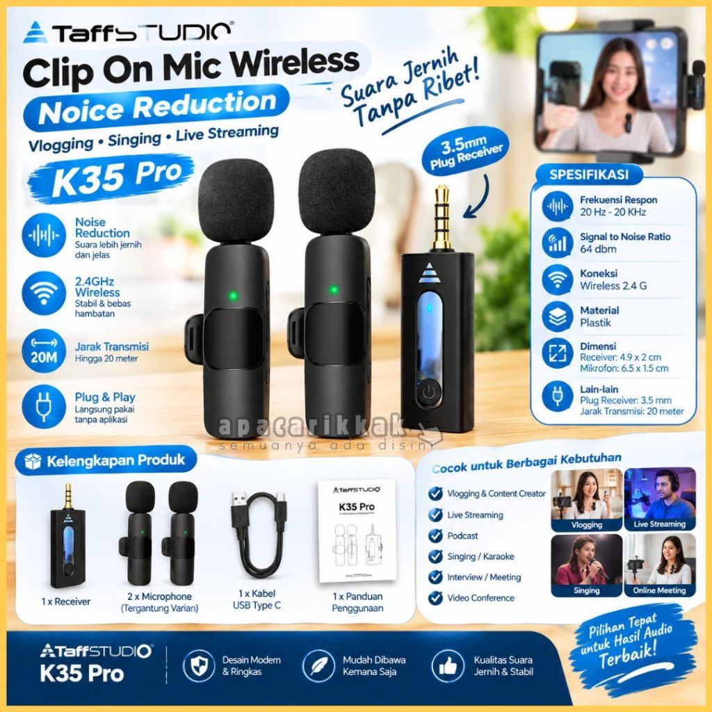 CLIP ON MICROPHONE K35 MIC CLIP WIRELESS aux( Audio ) / MIC YOUTUBER BLUETOOTH