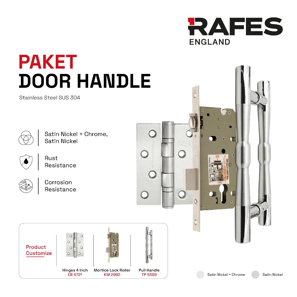 RAFES Paket Kunci Pintu Utama 2 Daun - Pull Handle + Mortice Lock + Hinge Stainless Steel SUS 304 - 