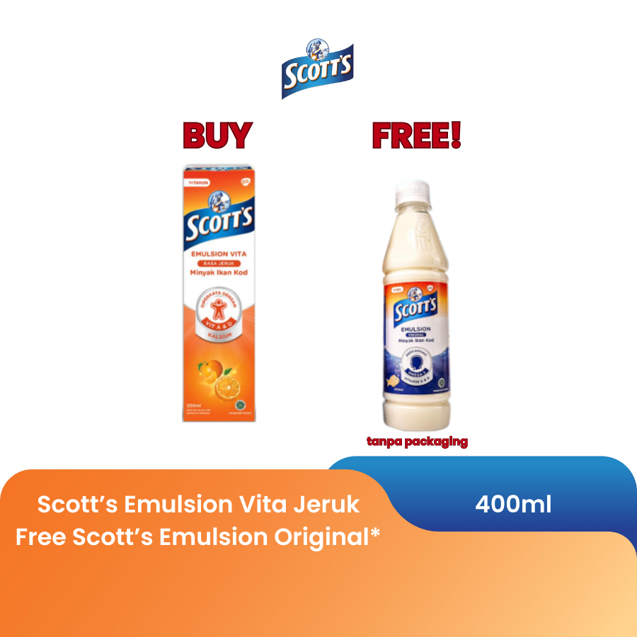Scott’s Emulsion Original dengan Omega 3, Vitamin A dan D 400ml dan Scott's Emulsion Vita Rasa Jeruk