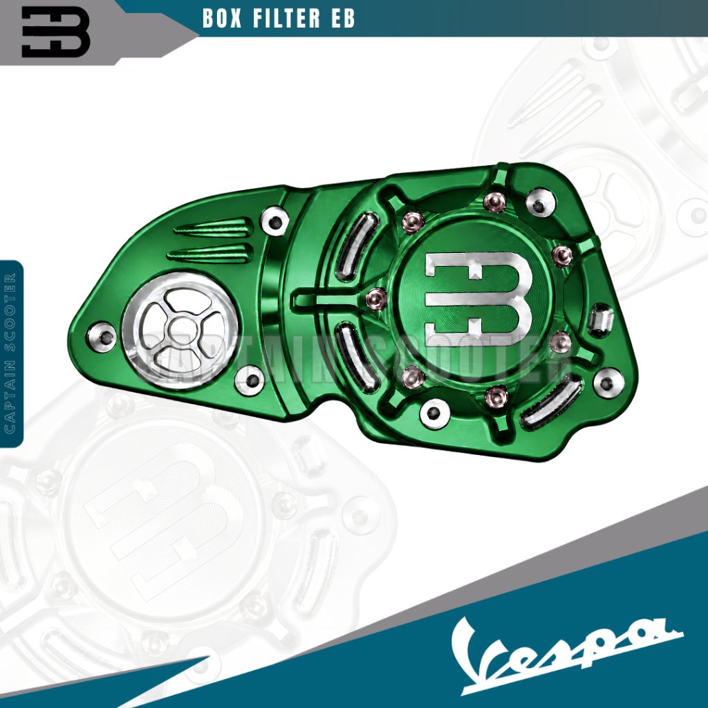 Cover BOX FILTER Udara EB DEVELOPMENT CnC BILLET GREEN Vespa Sprint Primavera LX S