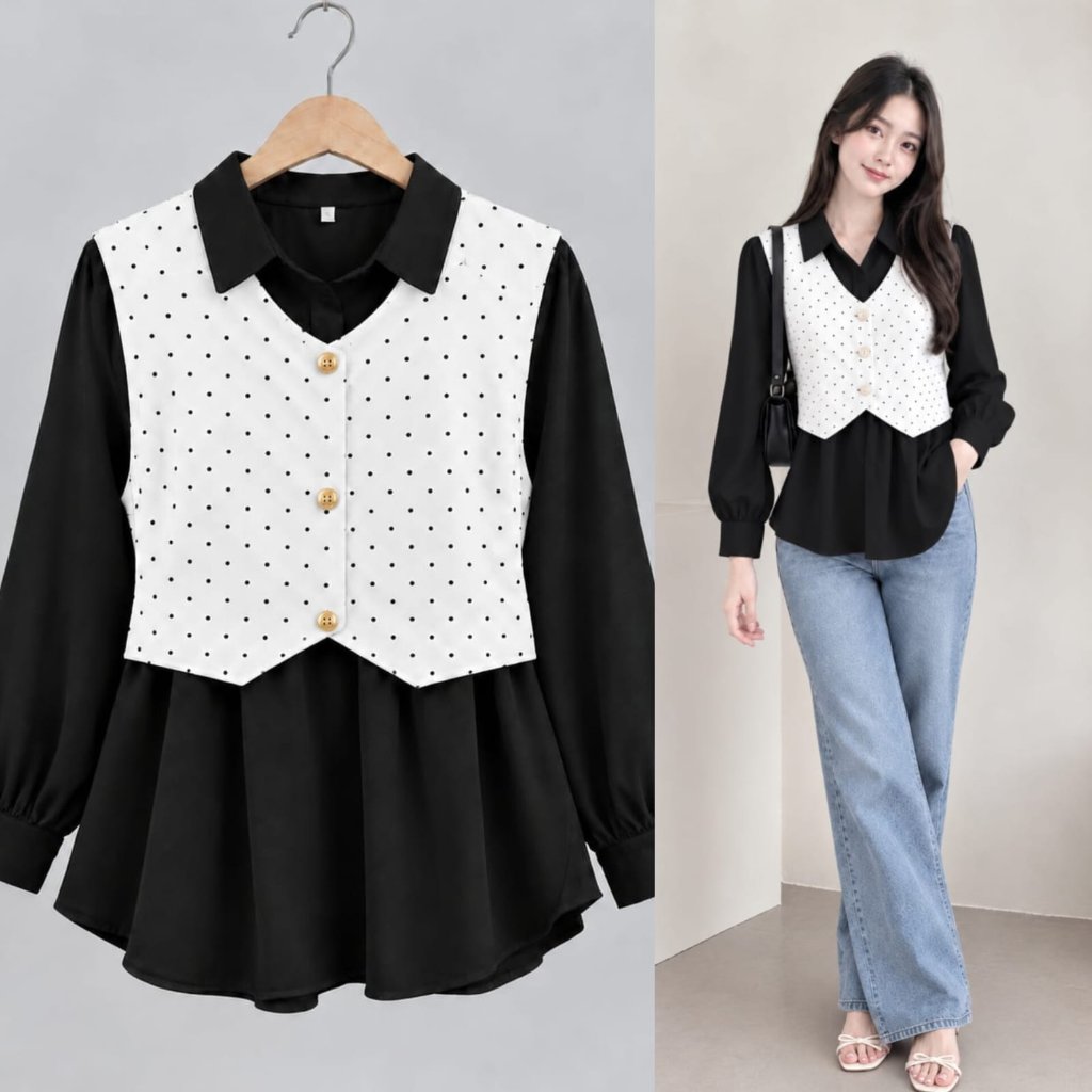 Tania Blouse Polka | Atasan Vest Polka Sabrina Anti UV Terbaru