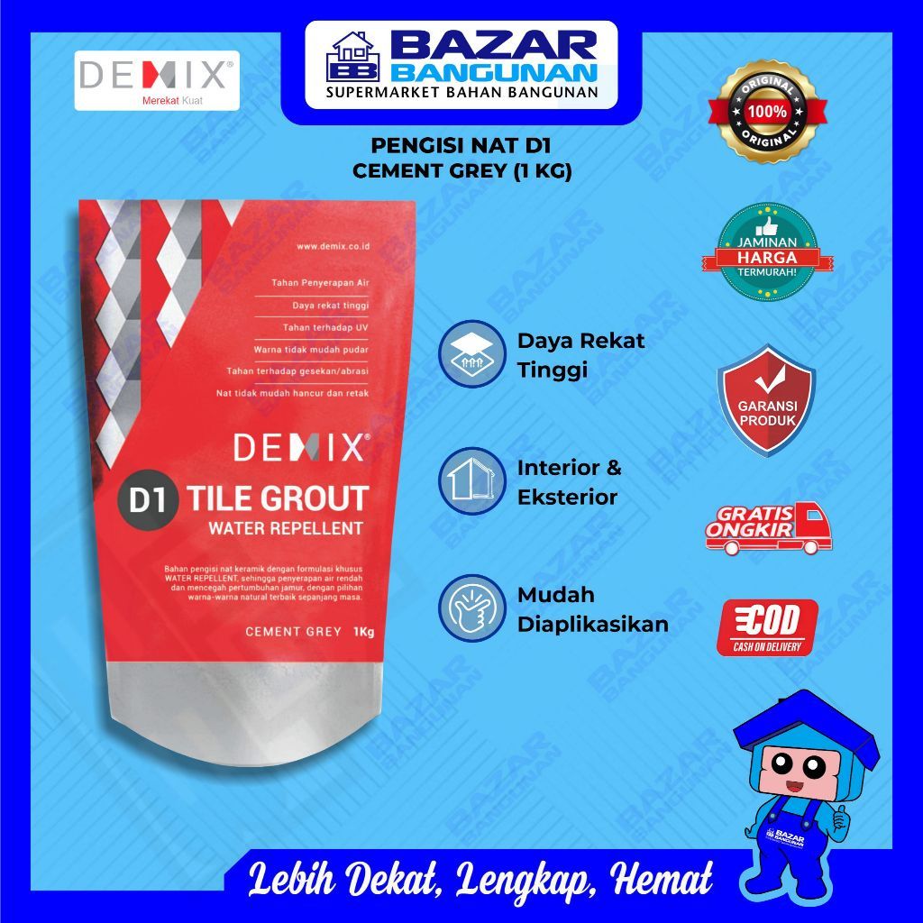 Demix - Semen Pengisi Mortar Nat Keramik Granite D1 Water Repellent 1kg Cement Grey