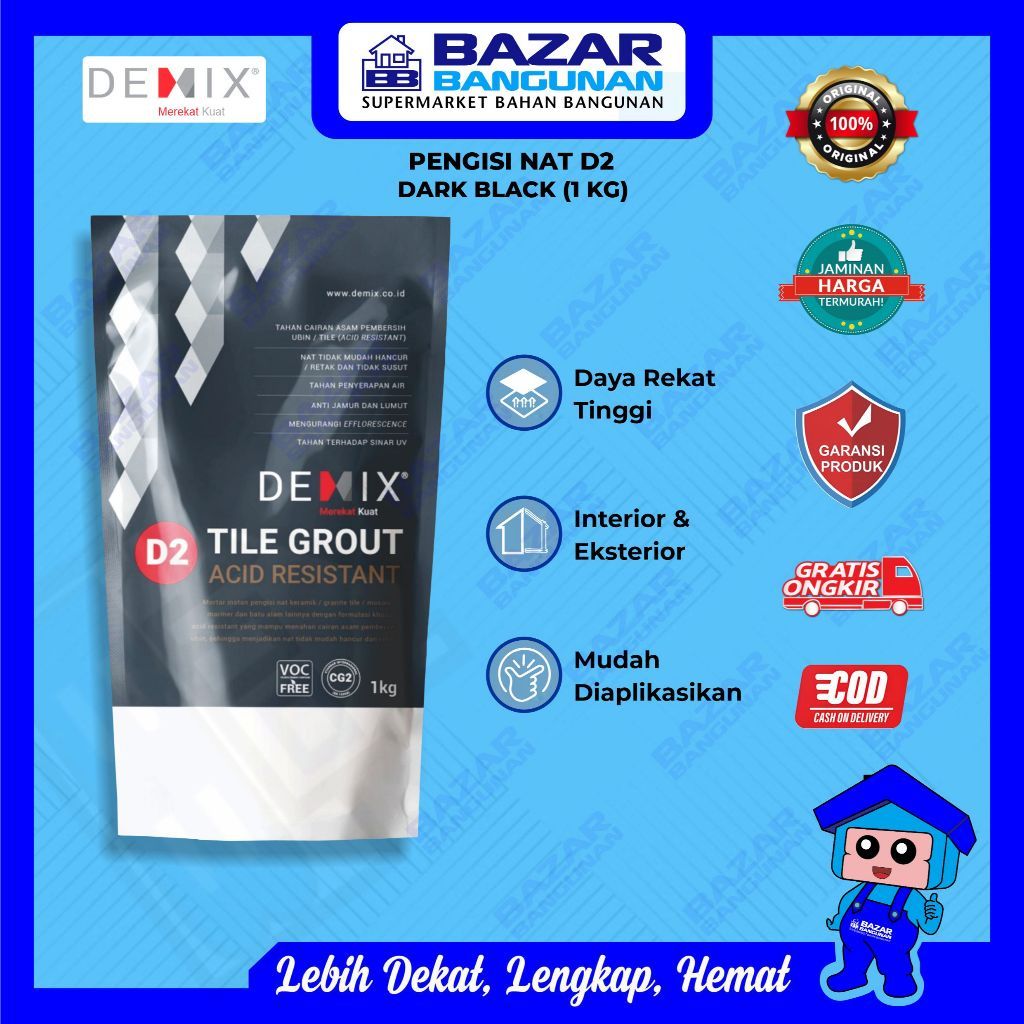 Demix - Semen Pengisi Mortar Nat Keramik Granite D2 Acid Resistant 1kg Dark Black