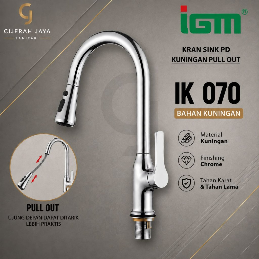 IGM KRAN TARIK MEJA BAK CUCI PIRING PANAS DINGIN IK 070 BRASS KUNINGAN FLEXIBEL / KERAN ANGSA MEJA T
