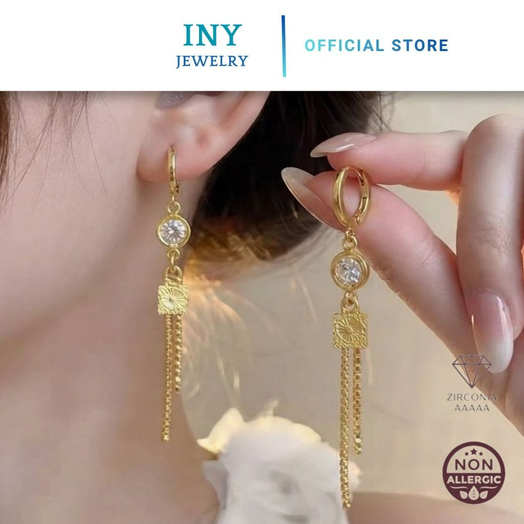 IVONA Anting Rumbai Panjang Anting Juntai Italy Motif Permata Perhiasan Lapis Emas 125