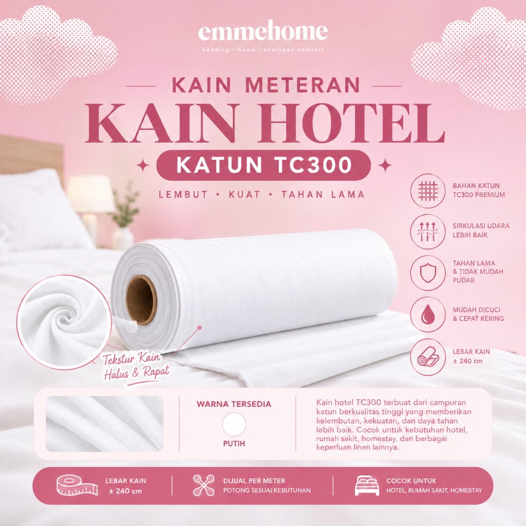 KAIN SPREI PUTIH PREMIUM POLOS / EMBOSS - KAIN HOTEL METERAN  BAHAN KATUN TC300
