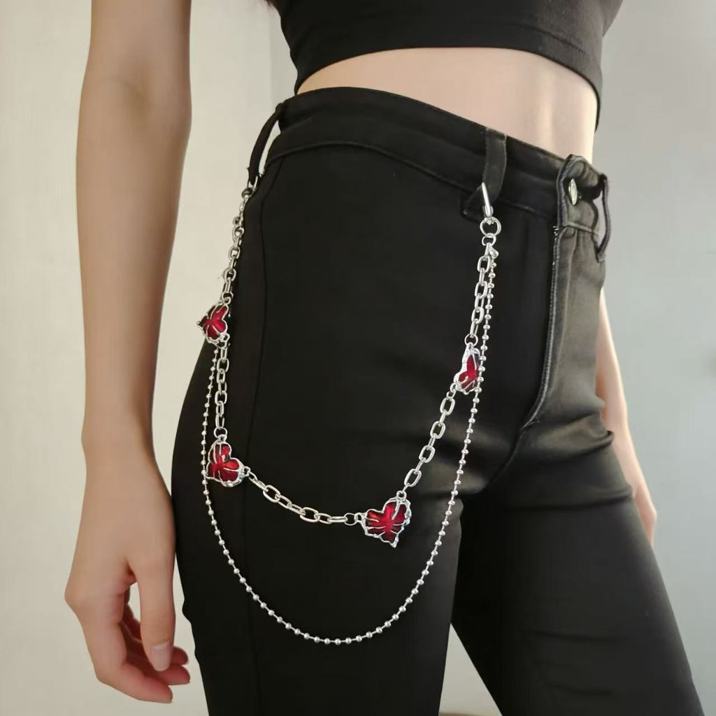Rantai Celana Wanita Pria Berlapis-lapis dengan Hati Merah Gothic | Rantai Dompet Fashion Korea Stre