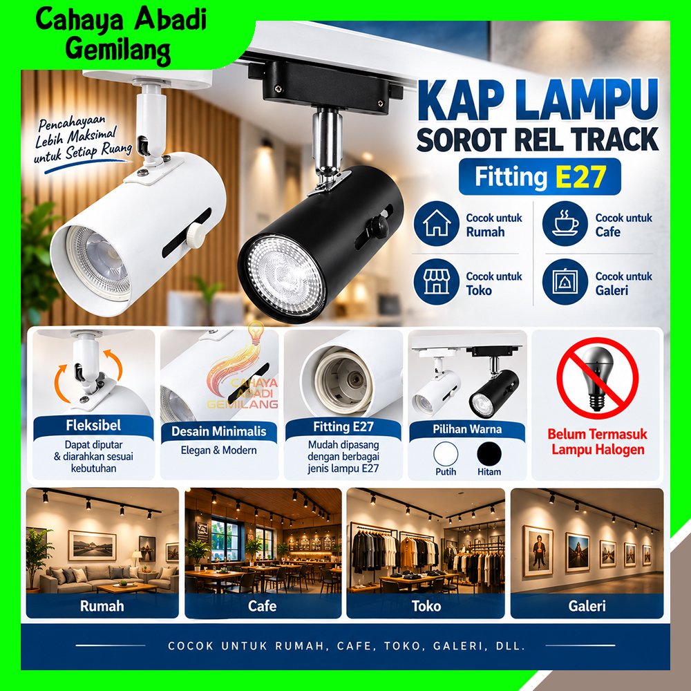 Kap Lampu Sorot Rel Track E27 / Kap Rumah Housing Kosongan / Lampu Rel Track E27 / Kap Spotlight E27