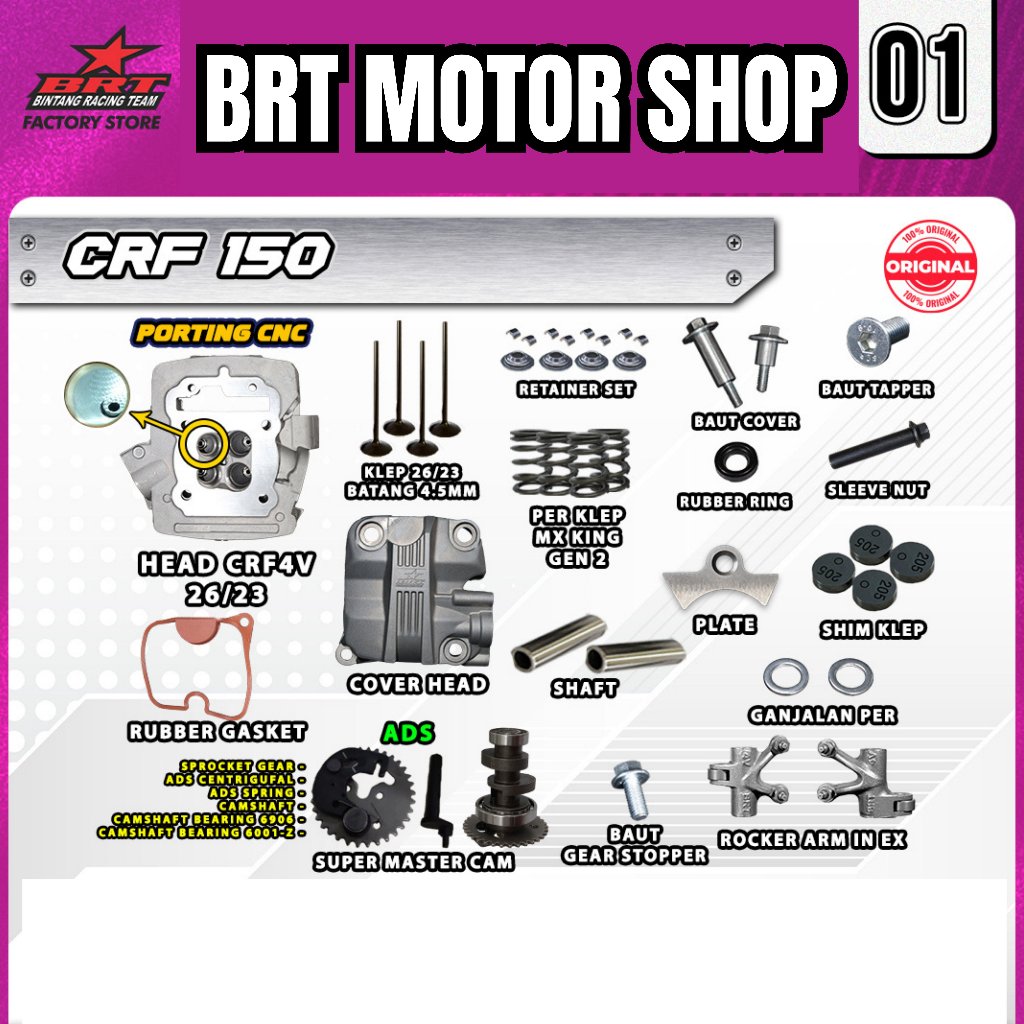 CYLINDER HEAD 4 KLEP BRT CRF 150 VERZA NEW MEGAPRO PORTING CNC 4 KLEP 26/23 28/24BRT KOP CRF4V 4KLEP