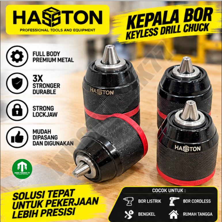 Kepala Bor Keyless 10mm 13mm 3/8" 1/2" HASSTON 0383-001 0383-002 Kepala Cordless Baterai Body Bodi B