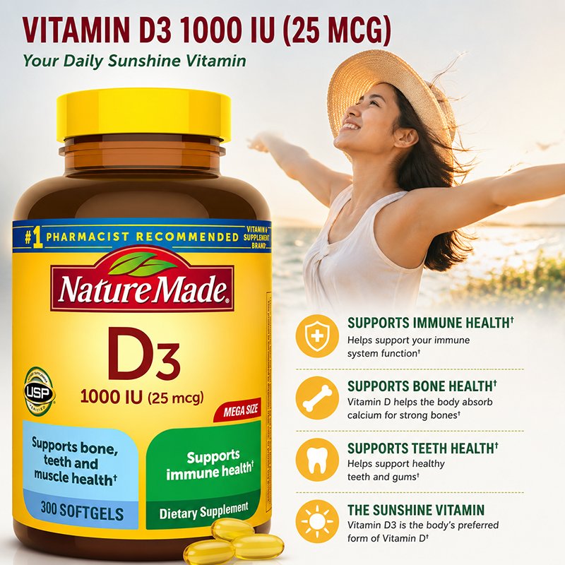 Nature Made Vitamin D3 1000 IU 25mcg 300 Vitamin D Softgels