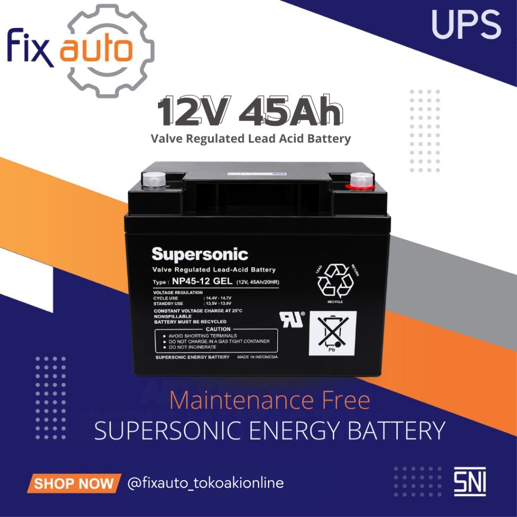 Aki UPS 12V 45Ah NP45-12 VRLA - Supersonic Battery Aki Kering Power Supply Baterai UPS VRLA