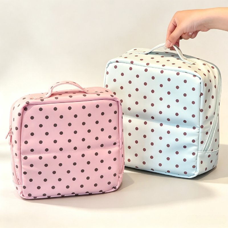 (COD) Tas Kosmetik Wanita Gaya Amerika Motif Polka Dot Berdiri, Tas Make Up Travel Ukuran Besar dan 