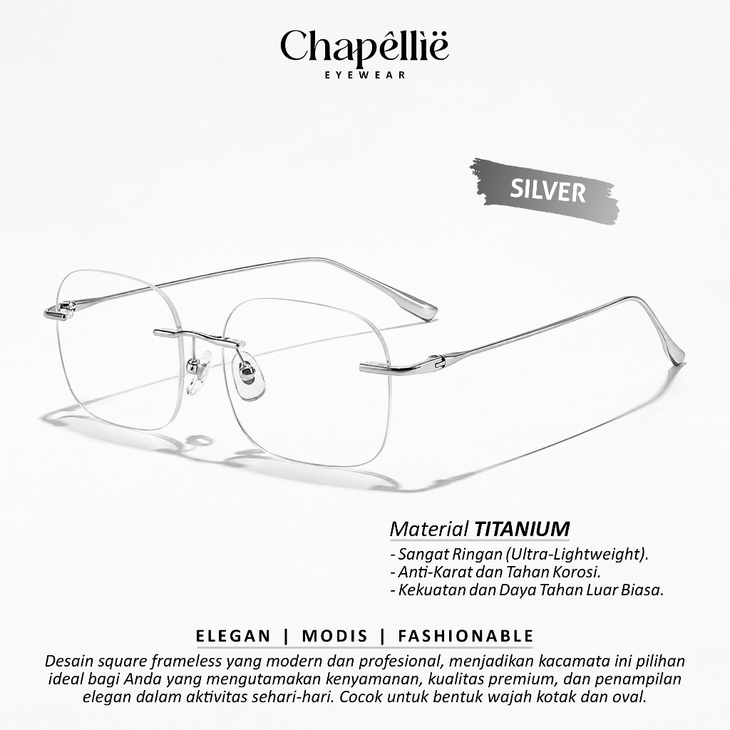 Chapellie Eyewear Kacamata Rimless Minus Titanium Photocromic Anti Radiasi Blueray Sinar Biru Komput