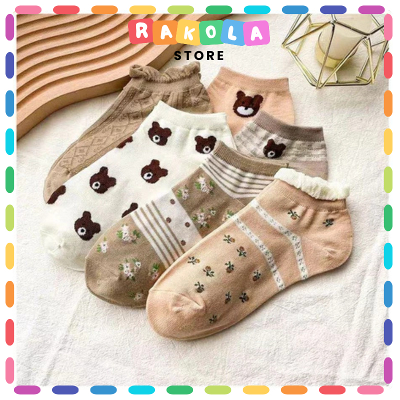 RS KS119 Kaos Kaki Wanita Motif Love Bear Coklat Kaos Kaki Pendek Wanita Semata Kaki KS119