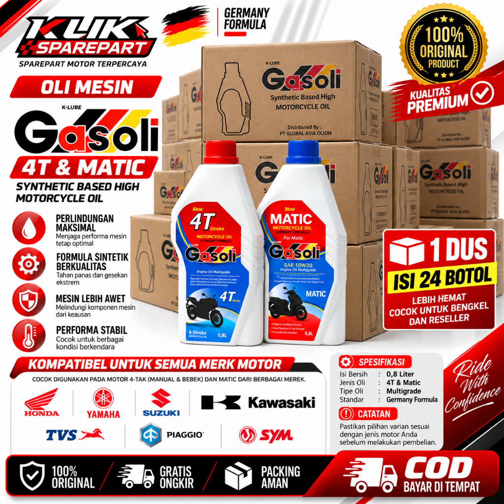 GASOLI OLI MESIN 0.8L 4T SAE 20W50 1 BOX | MATIC SAE 10W30 - HEMAT BAHAN BAKAR TAHAN SUHU TINGGI