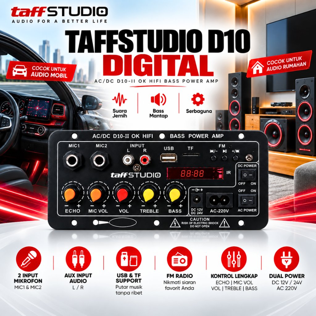 GARANSI 1 TAHUN TaffSTUDIO Papan Audio Ampli Amplifier Karaoke Rumah Mobil Bluetooth Digital D10