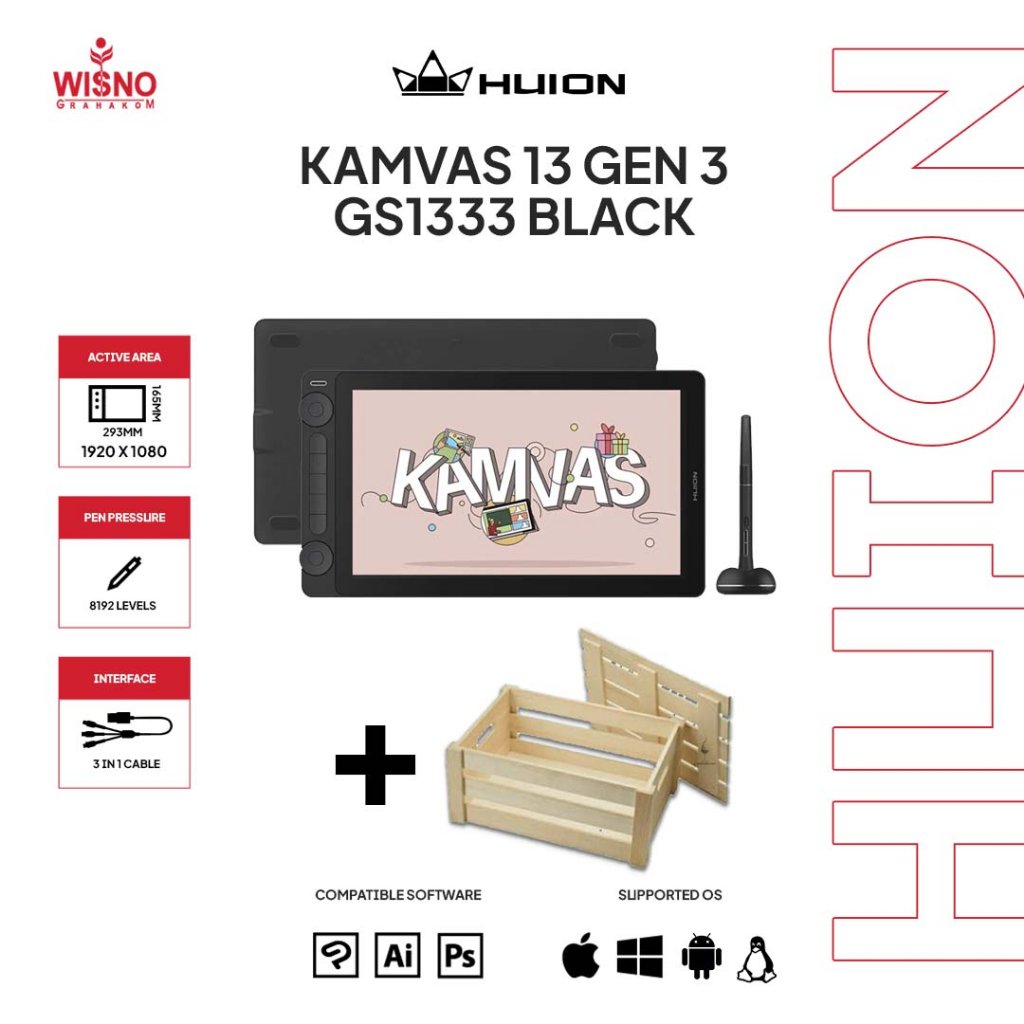Huion Kamvas 13 Gen 3 Drawing Tablet Gambar Grafis - FREE Packing Kayu Bubble Wrap