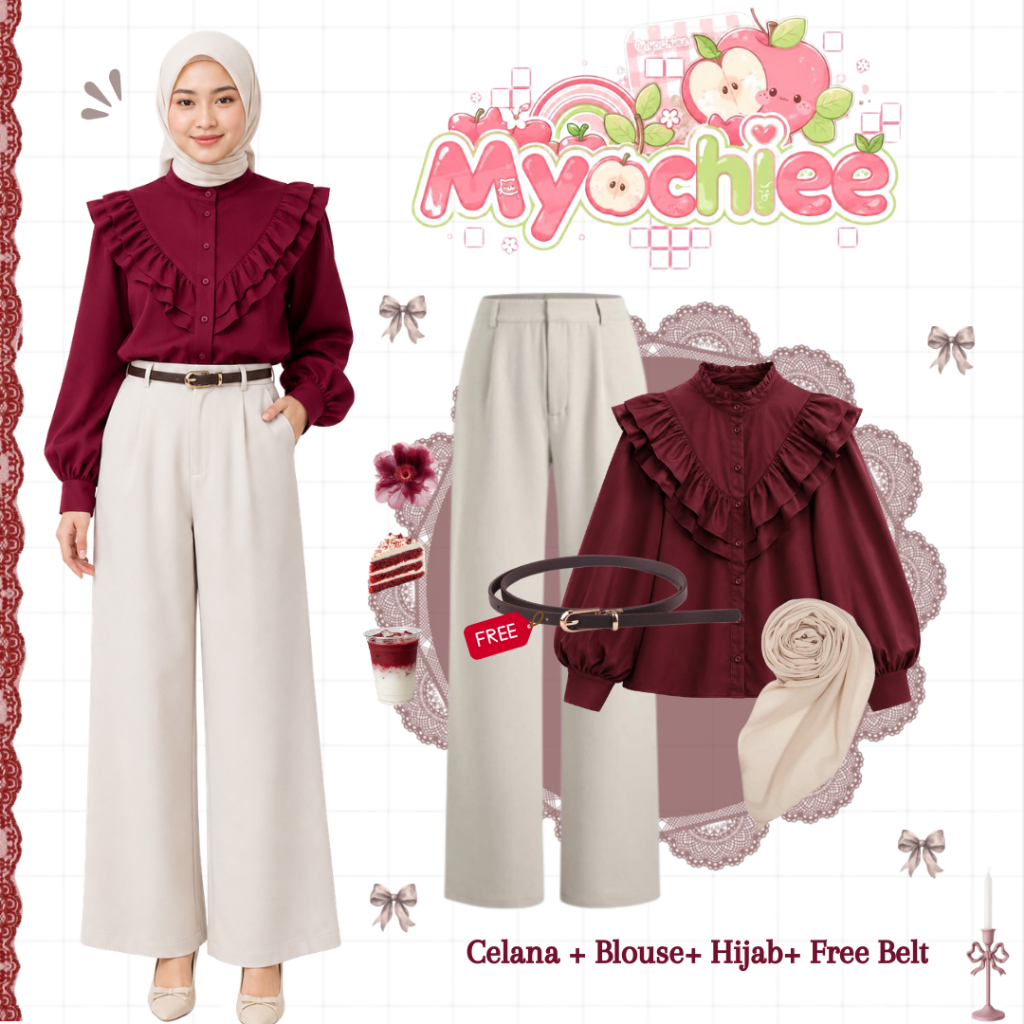 Myochiee Setelan Wanita Kekinian Hijab Friendly (Blouse + Celana Kulot + Hijab) Set Outfit Hangout |