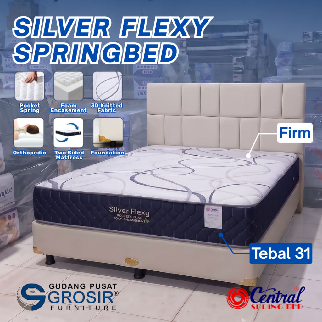 Kasur Springbed CENTRAL Silver Flexy Pocket Spring Fullset Divan Spring Bed Orthopedic (Garansi Resm