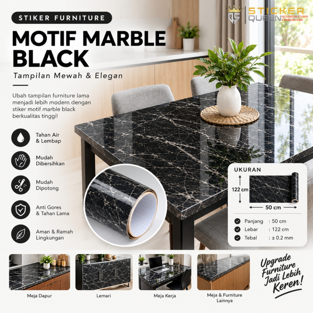 Wallpaper Marmer Hitam Black Premium PVC | Stiker Furniture Meja Lemari Dapur Self Adhesive Anti Air
