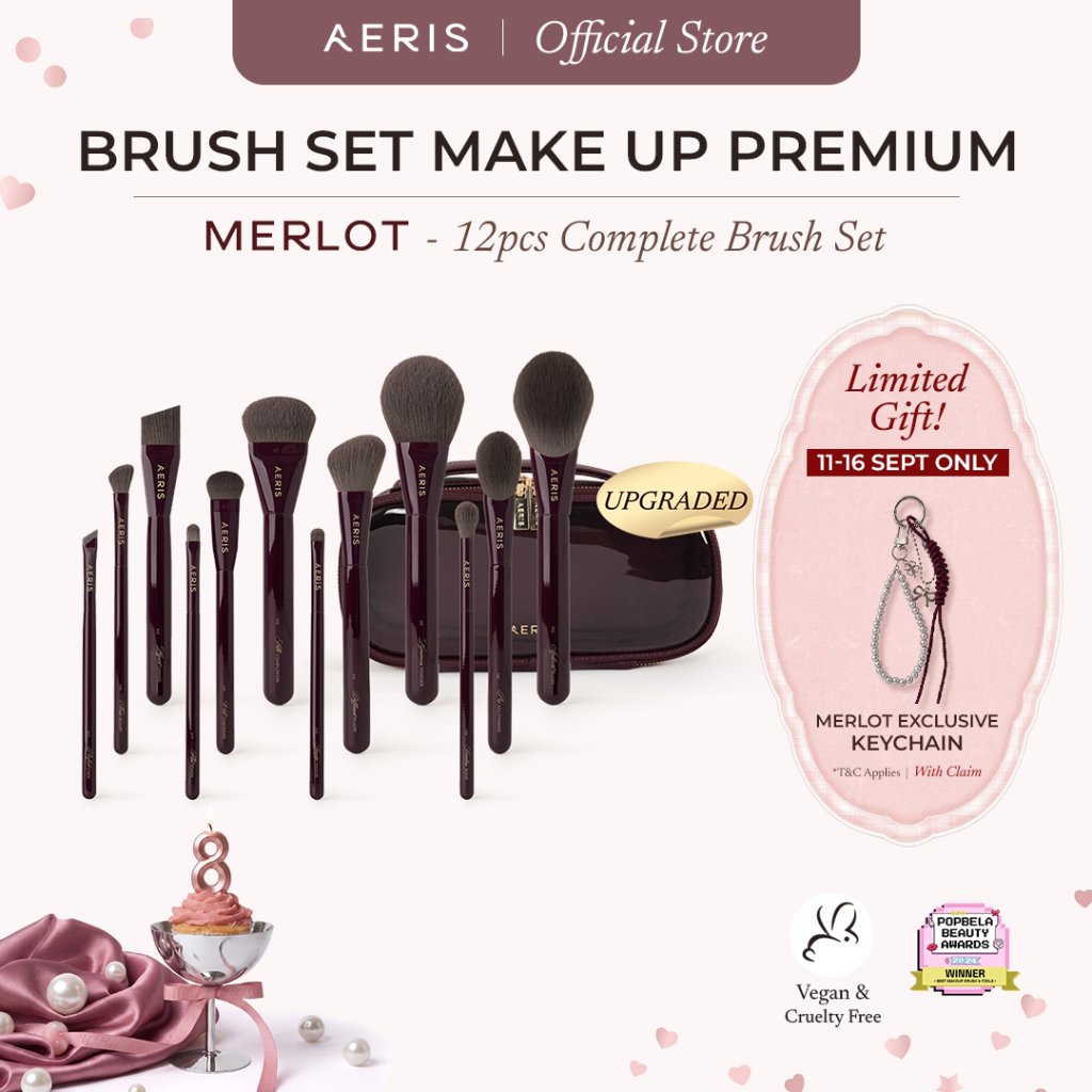 Aeris Beauté Merlot Complete Brush Set | Make Up Brush Set Lengkap Maroon Vegan Best Seller Profesio