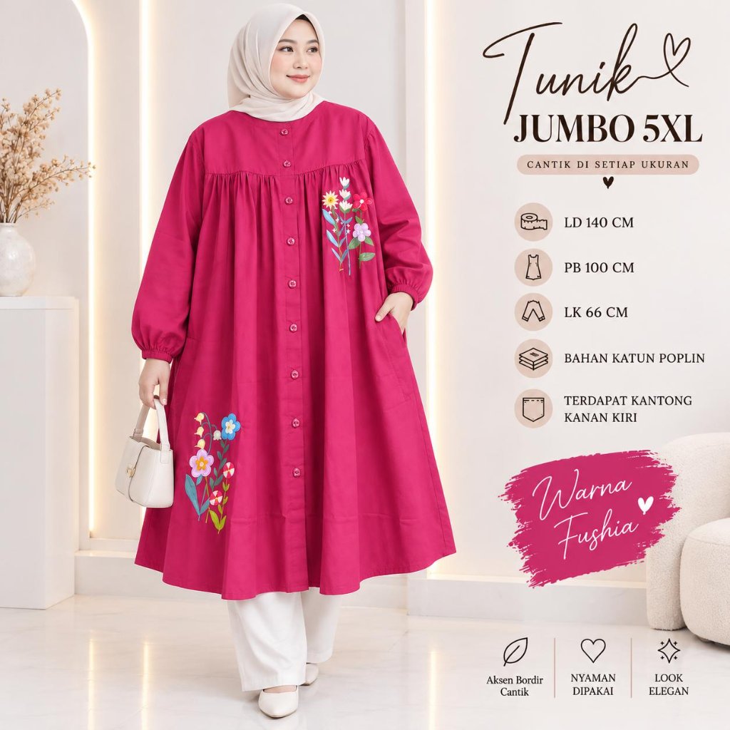 Tunik Jumbo Ld 140 Cm Bahan Katun Poplin Model Bordir Kekinian - Laura Tunik
