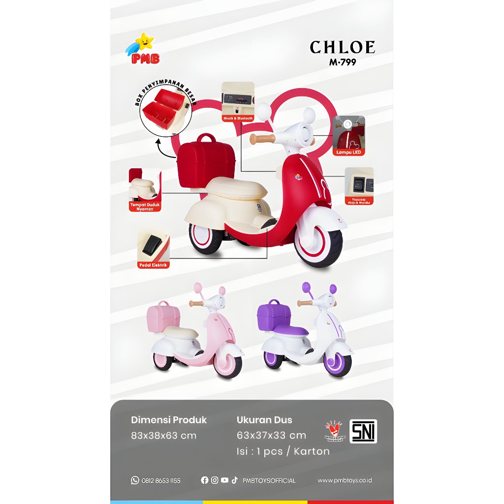 PMB Motor Aki Anak Chloe M799 Baterai 6V 4.5Ah Lampu LED & Musik – Motor Listrik Anak dengan Musik B