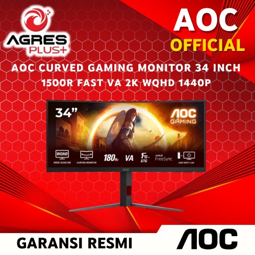 AOC CURVED GAMING MONITOR 34 INCH 1500R FAST VA 2K WQHD 1440P 1MS 180HZ CU34G4 HDR10 HDMI+DP 3Y ERGO