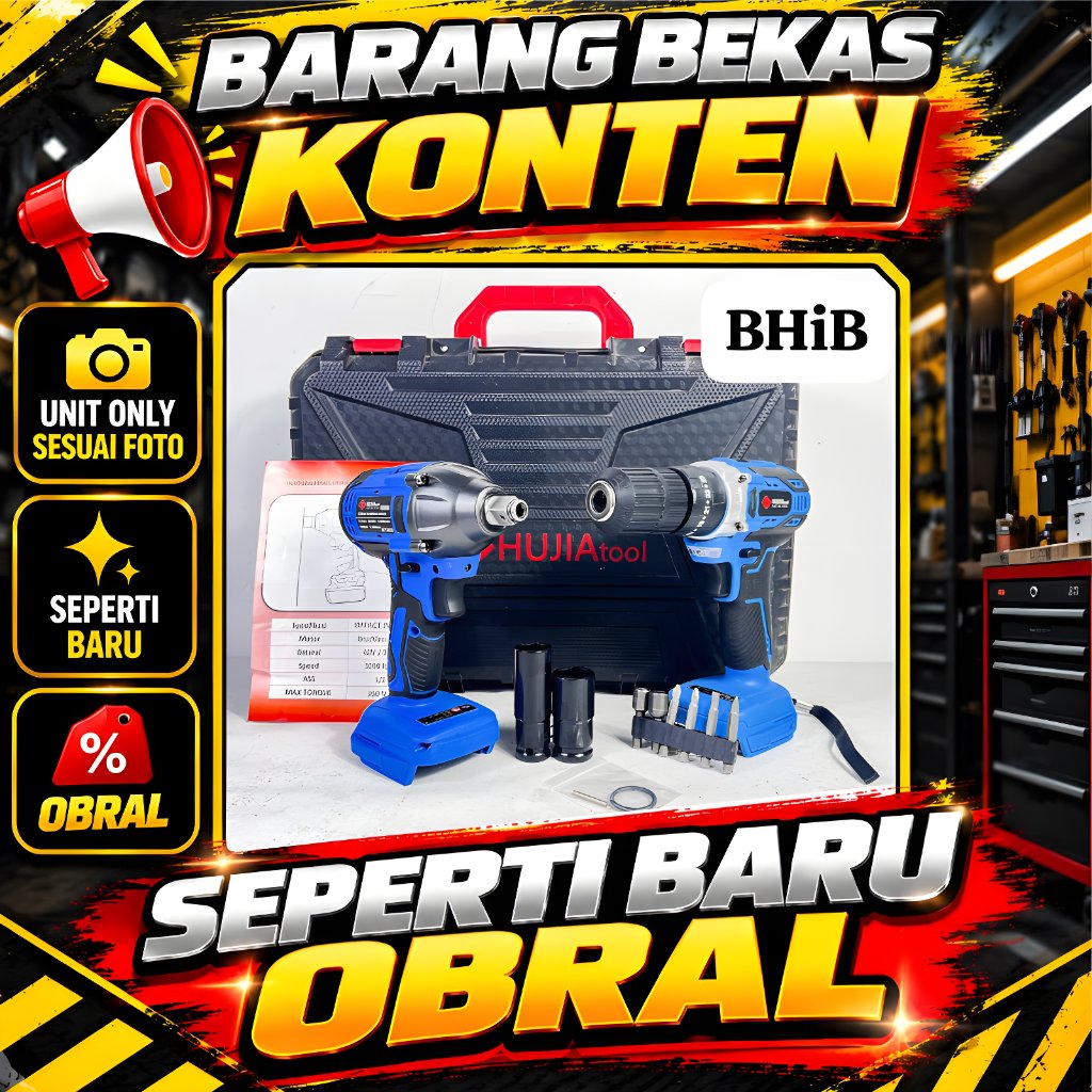 Hujia Paket Combo Impact Wrench Dan Bor Baterai Brushless Unit Only FREE KOPER BERGARANSI