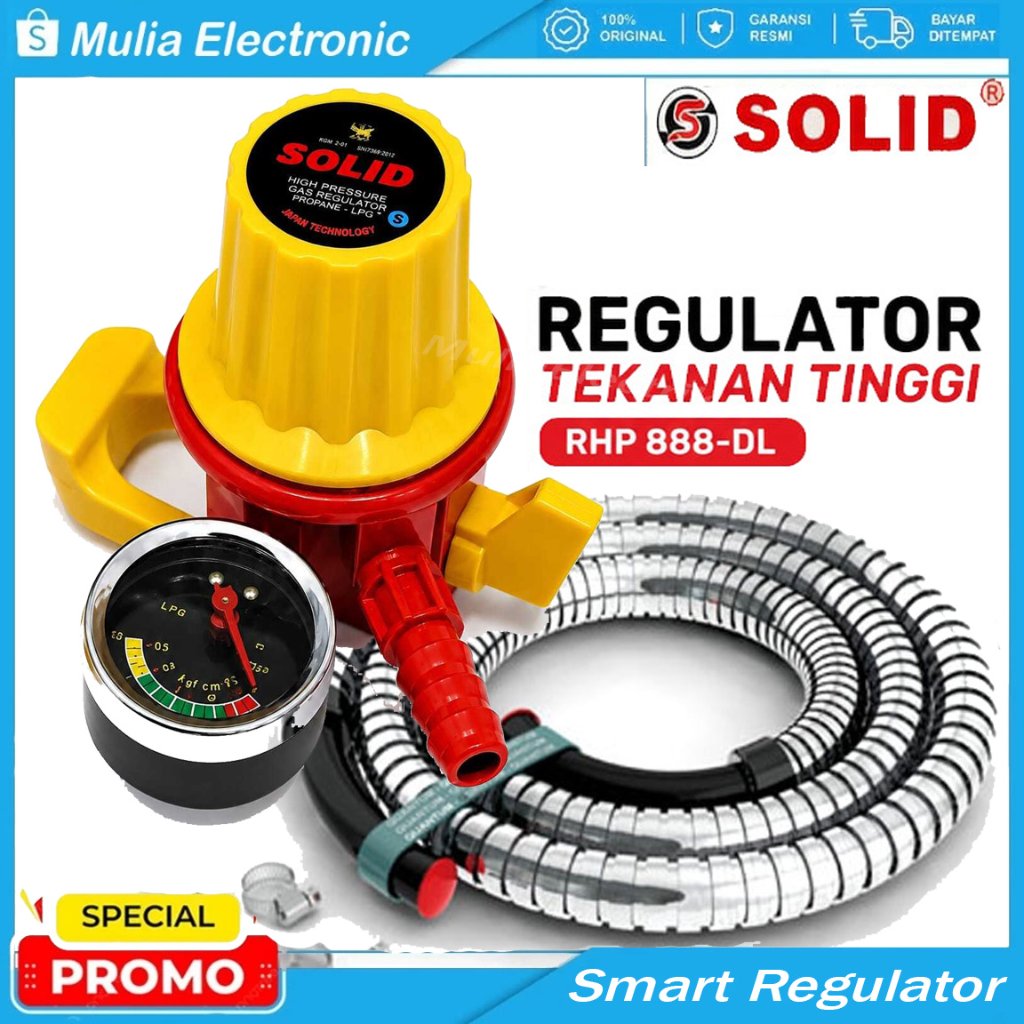 Regulator Gas SOLID RHP 888-DL Tekanan Tinggi untuk LPG dengan Manometer dan Selang