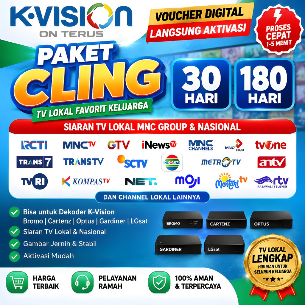 Voucher Digital K-Vision Paket Cling 30 Hari 180 Hari TV Lokal untuk Dekoder Bromo Cartenz Optus Gar