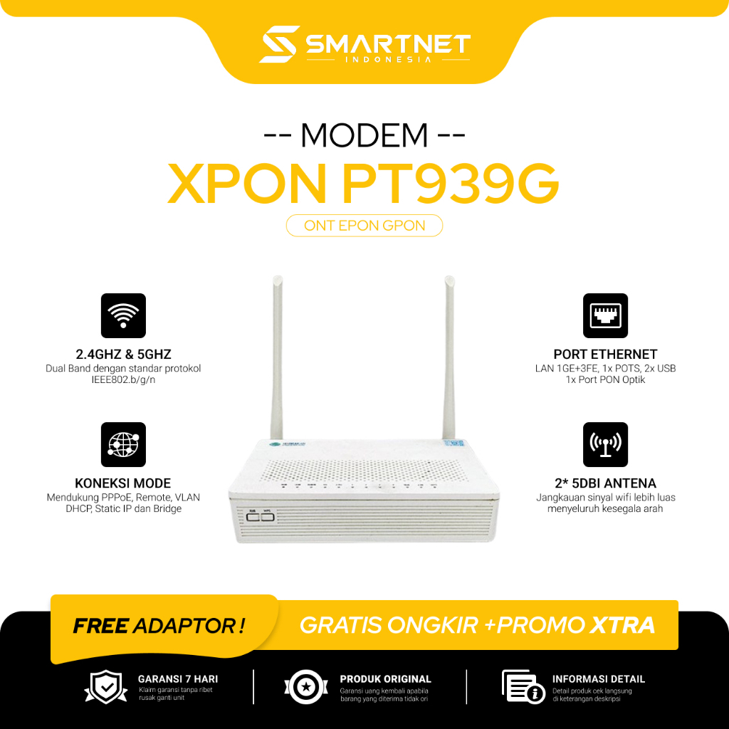 Modem PT939G Ont Xpon Bisa Gpon Epon Gigabit Dual-Band 2.4GHz & 5GHz Bekas Original Bonus Adaptor