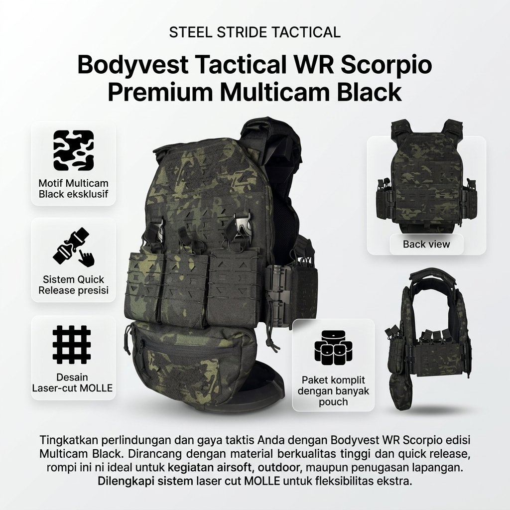 Bodyvest Steel Stride Tactical WR Scorpio Premium Multicam Black Rompi Taktis dengan Pouch
