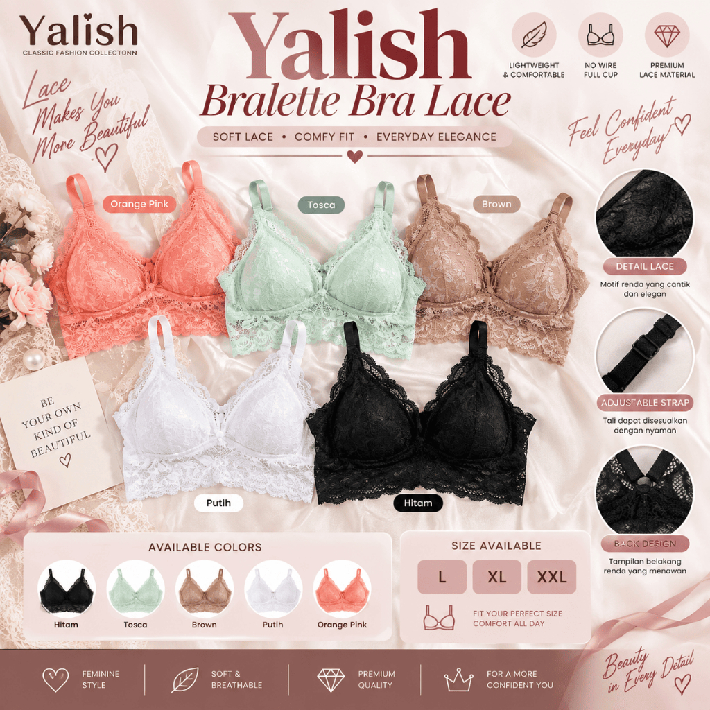 GI ~ Yalish Bralette Bra Kemben Wanita Full Cup Tanpa Kawat Premium 80170 | Braa Lace
