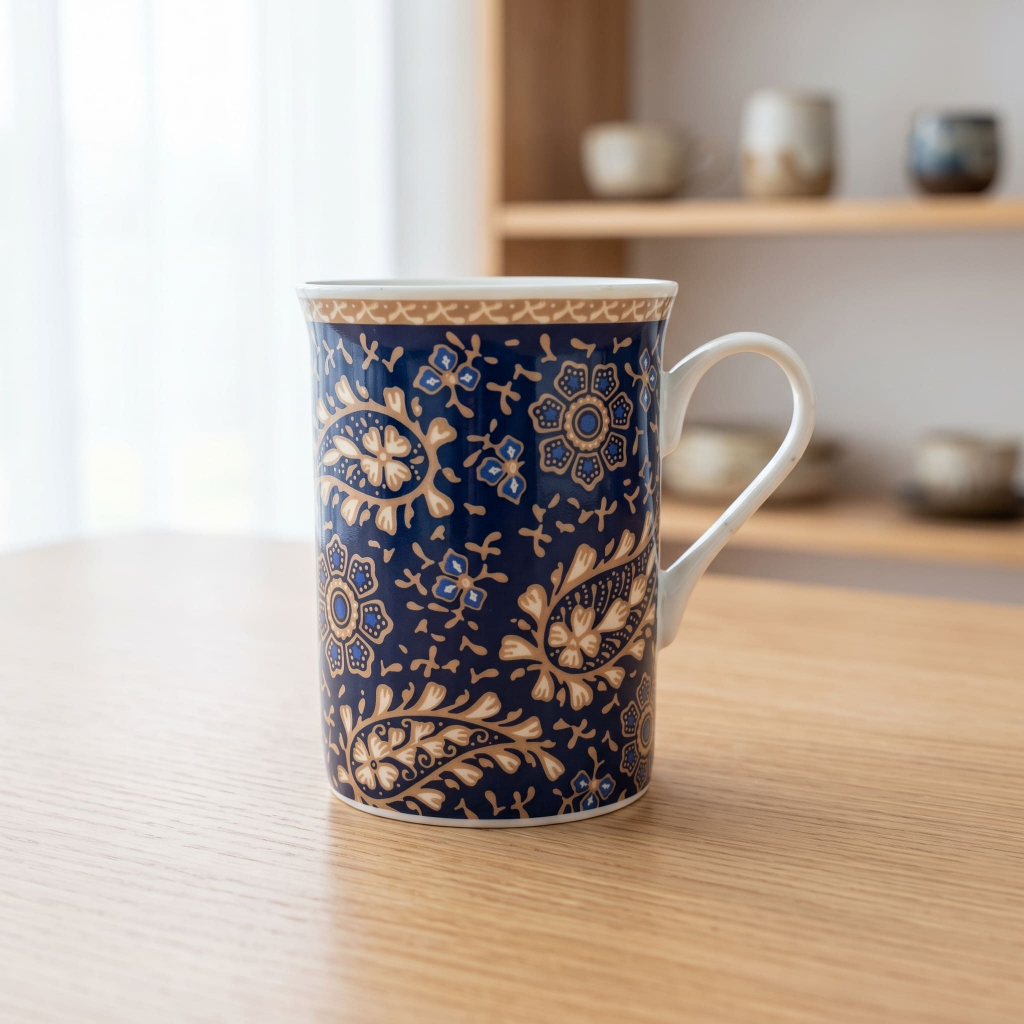 MUG KERAMIK MOTIF BATIK KAPASITAS 300ml | MUG GELAS KERAMIK BONECHINA