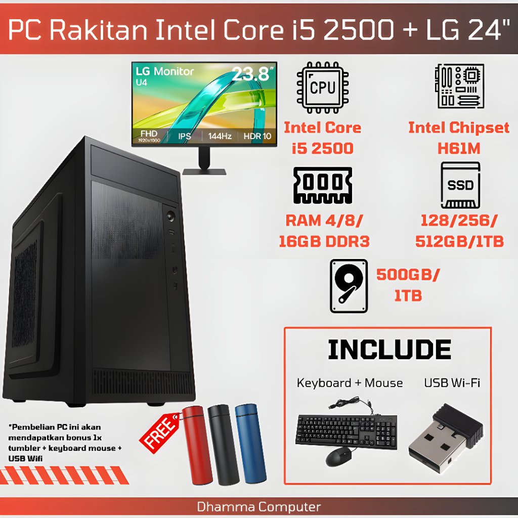 Paket Lengkap PC Rakitan i5 2500 Komputer Kantor + Monitor LG 24 Inch Rakitan Fullset i5 Gen 2 PC Ka