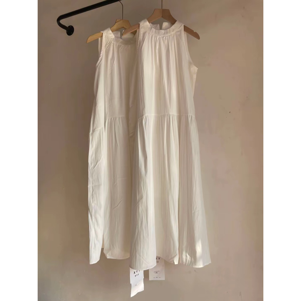 Dress Import maksi wanita putih tanpa lengan model longgar model A-line kasual