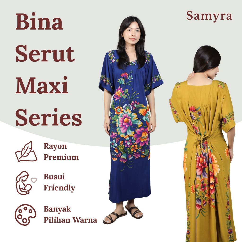 Samyra - Bina Daster Longdress Maxi Leher Kotak Serut Belakang Batik Wanita Premium Kantong